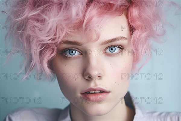 Portrait of young woman with light blue eyes and short pink hair. KI generiert, generiert AI generated