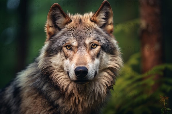 Portrait of wild wolf in forest. KI generiert, generiert AI generated
