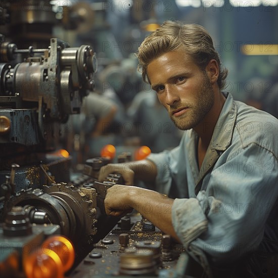 Factory work of the last century (around 1960) Workers work diligently in a machine factory, AI generated, retro, vintage
