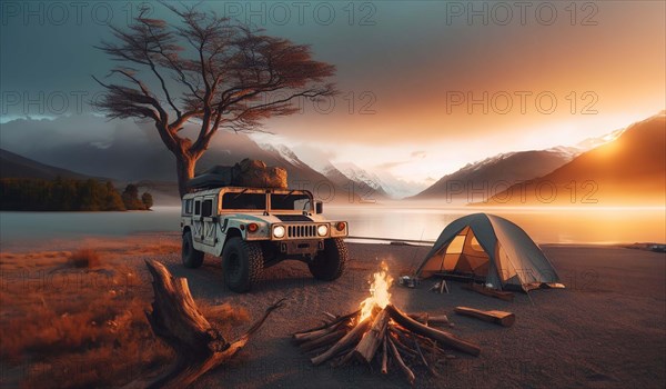 American powerful four-wheel drive 4x4 off road vehicle next to a serene lake with a campfire and tent at dusk, ai generated, AI generated