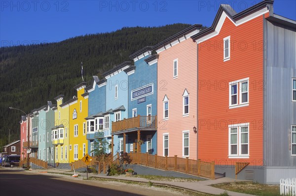Colourful facades of a hotel, wood, Boardwalks, Dawson City, Yukon Territory, Canada, North America