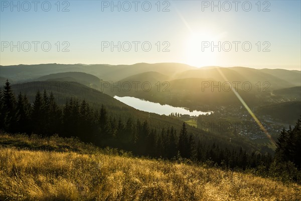 View from Hochfirst to Titisee and Feldberg, sunset, near Neustadt, Black Forest, Baden-Wuerttemberg, Germany, Europe