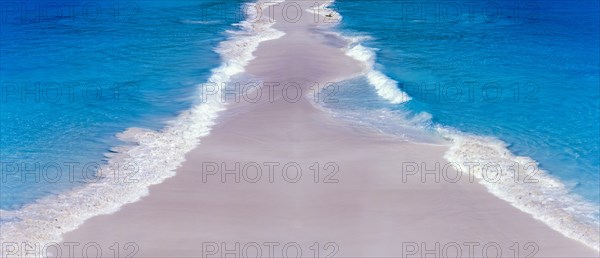 Seychelles, Fregate, clear blue water and white sandy beach, photomontage, Africa