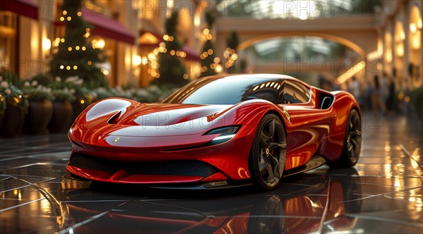 Red Ferrari in a high-end shopping arcade with sunset light casting warm glows and reflections, AI generated