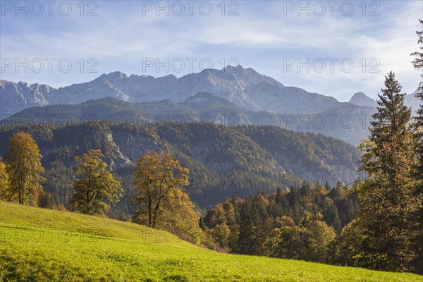 Graseck Alm with Wetterstein mountains, Garmisch-Partenkirchen, Werdenfelser Land, Upper Bavaria, Bavaria, Germany, Europe