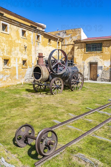 Historic locomotive in the Presidio Museum and Maritime Museum, Ushuaia, Tierra del Fuego Island, Patagonia, Argentina, South America