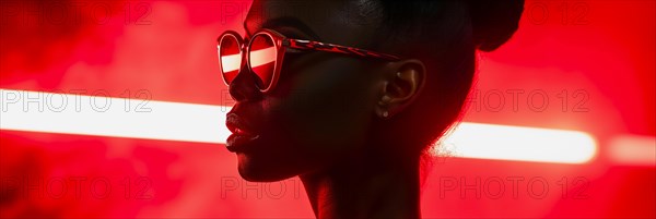 Strong portrait of a woman with glasses, characterised by red neon lines and her silhouette, AI generated, AI generated
