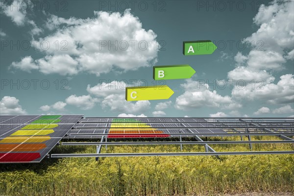 Solar panel system with EU energy label, symbolic image