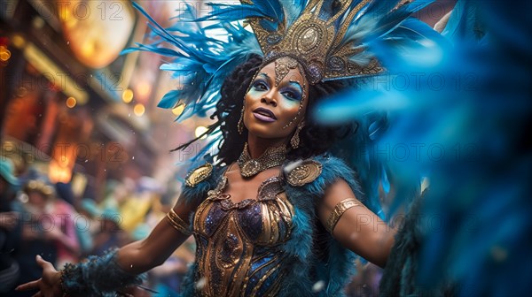 A dancer mascot adorned in a dazzling costume with feathers, immersed in the energetic atmosphere of the iconic Rio Carnival. The image captures the essence of celebration, color, and culture, AI generated