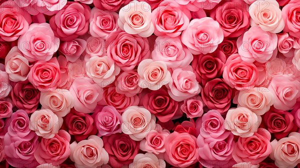 Valentine day background of close-up view of a beautiful mix of pink, red and white roses, symbolizing love and affection, perfect for Valentine s Day celebrations, AI generated