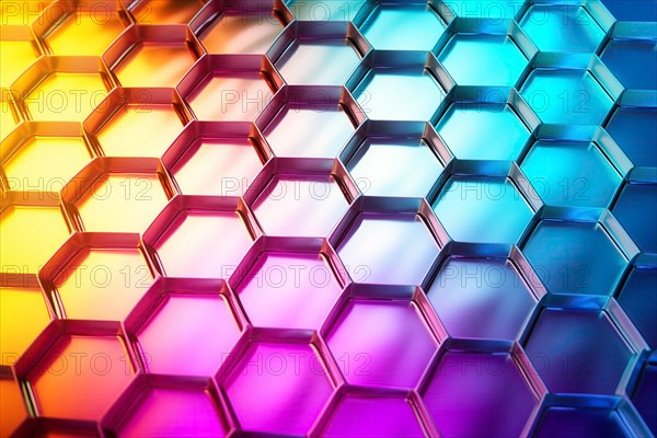 Metallic honeycomb pattern illuminated with vibrant gradient colors abstract background, AI generated