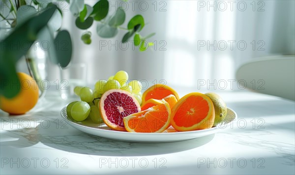 Fresh fruits on a white plate in the kitchen. Healthy eating AI generated