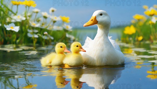 KI generated, animal, animals, bird, birds, biotope, habitat, one, single animal, foraging, wildlife, duck, ducks, domestic duck, female, (Anas platyrhynchos) white, white, yellow ducklings, young animals, animal children, two, three, four, white duck mother with yellow chicks, excursion, water, meadow, grass, spring, summer, flowers, pond, swimming, sitting, farm animal, domestic animal