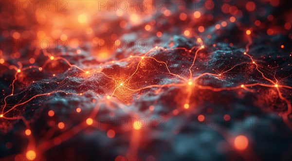 Intense orange glow over a complex neural network, creating a sense of energetic dynamics, ai generated, AI generated