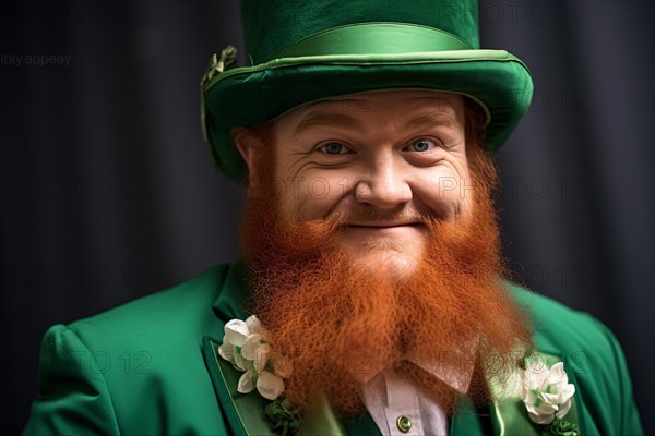 Man with red beard dressed up as Irish St. Patrick's day leprachaun. KI generiert, generiert AI generated