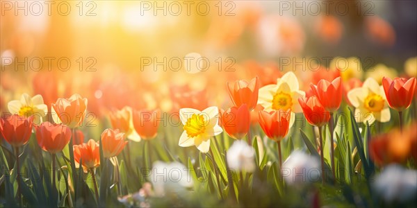 Red tulip and yellow Daffodil spring flowers in meadow with sunlight. KI generiert, generiert AI generated
