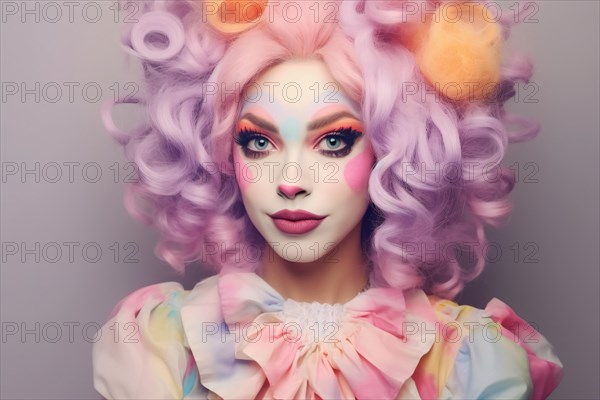 Woman dressed up as pastel colored clown. KI generiert, generiert AI generated