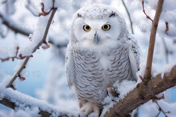 Snow owl sitting on tree branch in winter. KI generiert, generiert AI generated