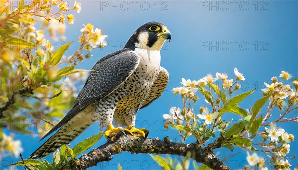 KI generated, animal, animals, bird, birds, biotope, habitat, a, individual, sits, branch, perch, summer, peregrine falcon (Falco peregrinus) flight recording, blue sky, tree blossom, fruit tree, fruit tree blossom