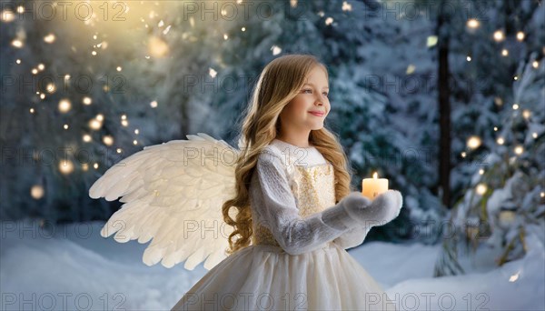 AI generated, girl, angel, winter, snow, ice, firs, snowy, snowflakes, winter landscape, costume, clothes, angel costume, candle, candles, light, lights, beautiful teeth, smiles, friendly, Christmas, evening, night shot, winter forest, church, one person, 8-12 years, burning candle