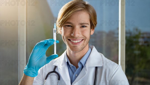 Ai generated, RF, man, men, doctor, doctors, 30, 35, years, attractive, attractive, doctor's office, holds a syringe in his hand, disposable syringe, flu shot, corona, pneumococcus, prevention, health, smiles, beautiful teeth, bearded man