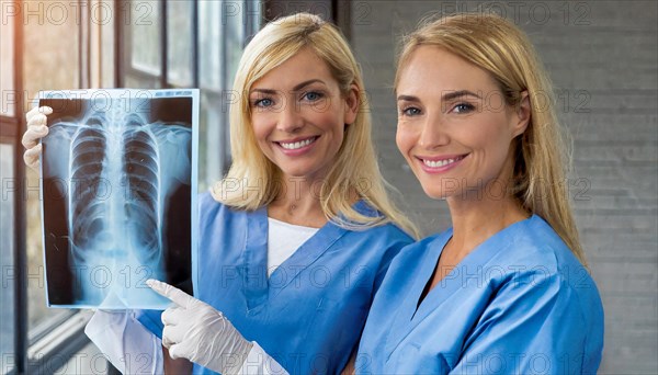 KI generated, RF, woman, woman, two, female, doctor, doctor team, team, 30+, years, attractive, attractive, doctor's office, look at an x-ray, x-ray, examination, check-up, health, blond, blonde, blonde, beautiful teeth, long hair, two people, two woman