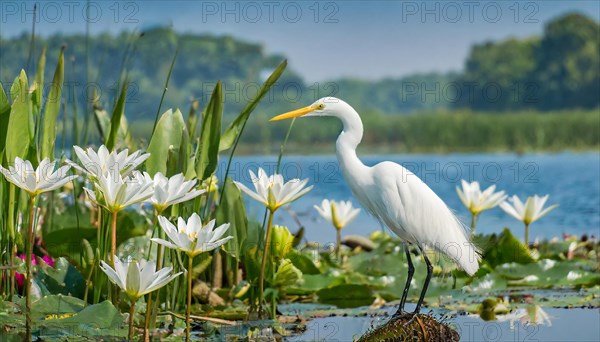 KI generated, animal, animals, bird, birds, biotope, habitat, a, individual, water, reeds, water lilies, blue sky, foraging, wildlife, summer, seasons, cattle egret (Bubulcus ibis)