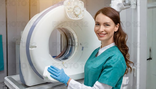 AI generated, RF, woman, woman, doctor, doctors, female doctor, 30, 35, years, attractive, attractive, doctor's office, CT, scan, computer tomography, computer tomography, preventive care, health, smiles, beautiful teeth, generates a three-dimensional X-ray image, modern X-ray machine, X-rays, X-ray image, AI generated