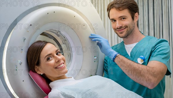 AI generated, RF, woman, woman, doctor, doctors, female doctor, 30, 35, years, attractive, attractive, doctor's office, CT, scan, computer tomography, computer tomography, preventive care, health, smiles, beautiful teeth, generates a three-dimensional X-ray image, modern X-ray machine, X-rays, X-ray image, patient, AI generated