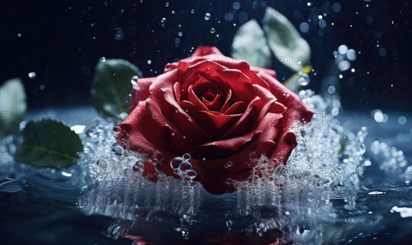 A red rose in full bloom with water splashing around it, creating a romantic atmosphere AI generated