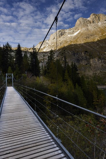 Suspension bridge at Lac Tseuzier reservoir, lake, mountain lake, landscape, autumnal, summery, mountains, courage, fear of heights, travel, tourism, hiking holiday, holiday, outdoor, idyll, idyllic, climate, hike, nature, natural landscape, Valais, Switzerland, Europe