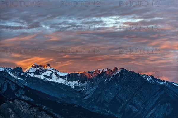 Mountain landscape in the sunset with cloudy sky, mountains, mountain, alpine, evening sky, cloud, weather, panorama, cloudy sky, nature, landscape, tourism, travel, mountain landscape, alpenglow, mountain panorama, Swiss Alps, Valais, Switzerland, Europe