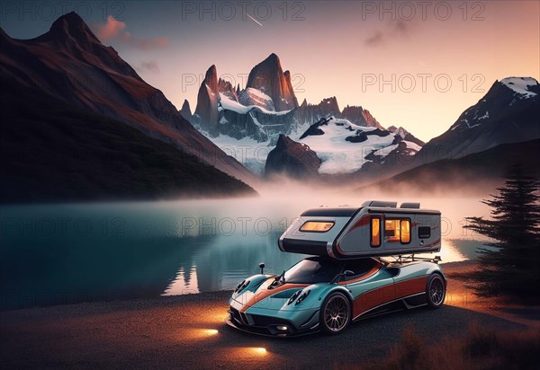 A luxury italian sports supercar with a camper attachment custom conversion, parked by a lake with mountains at twilight, hazy relaxing scene, ai generated, AI generated