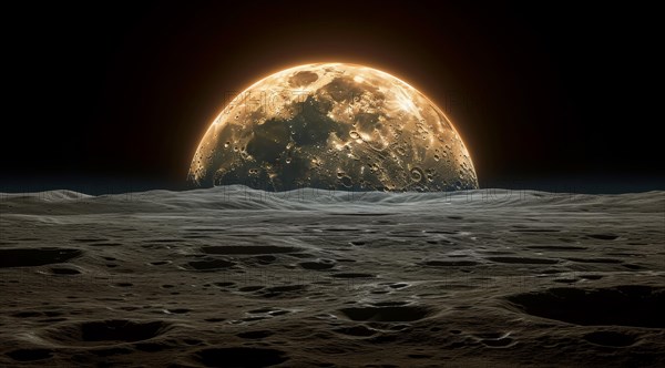 Full moon casting a golden glow over a desolate lunar surface, AI generated