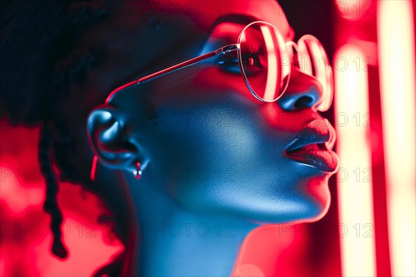 Portrait of a woman with futuristic neon blue light and red colour accents, trendy glasses, AI generated, AI generated