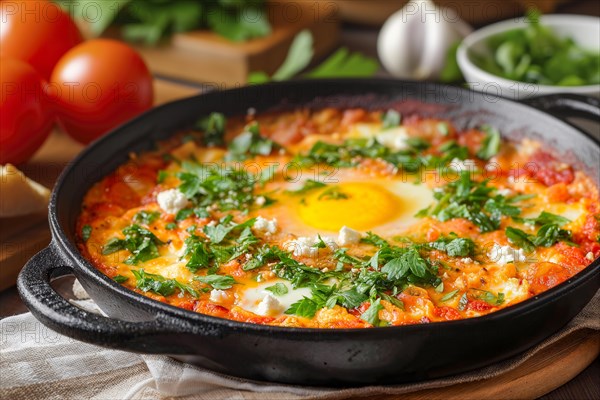 Shakshuka, a savoury dish with eggs and coriander in a cast-iron pan, KI generated, AI generated