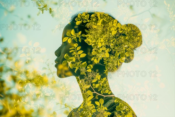 Elegant profile of a woman, superimposed with a yellow leaf pattern in double exposure, symbolic image for environmentally conscious living, AI generated, AI generated