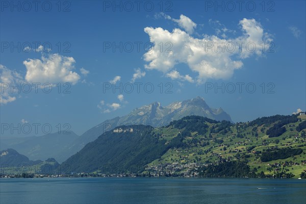 View over Lake Lucerne to Weggis, Canton of Lucerne, Switzerland, Lake Lucerne, Lucerne, Switzerland, Europe