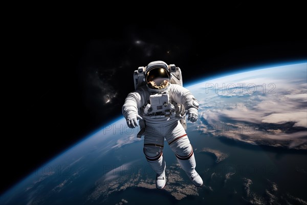 Astronaut Floating Above Earth in Space with extravehicular mobility unit and backpack. Wonder and awe of space exploration and science, AI generated