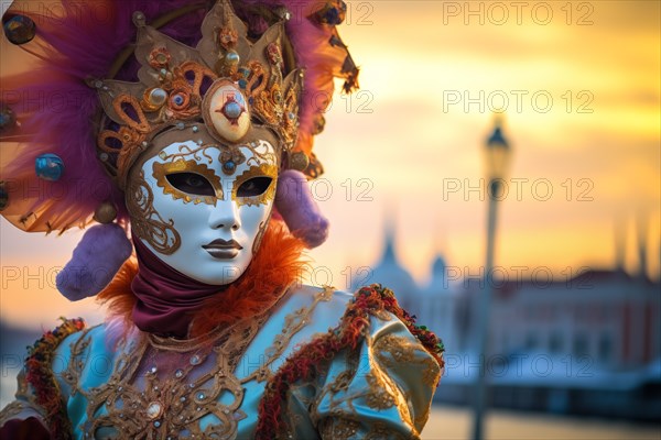 A person adorned in a richly detailed and colorful carnival costume, complete with an elaborate mask, participates in the iconic Venice Carnival, AI generated