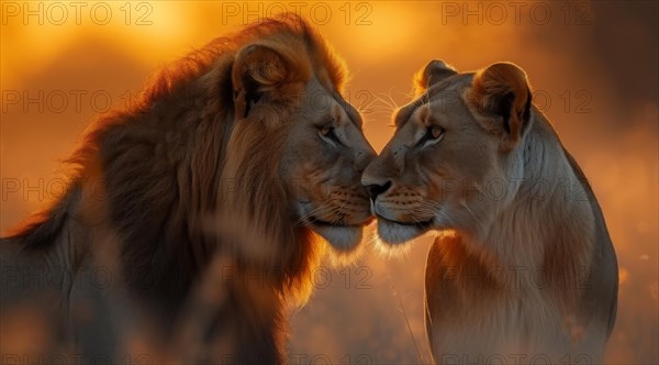Two lions showing affection to each other at sunset, ai generated, AI generated
