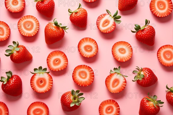 Top view of strawberry slices and whole fruits on pink background. KI generiert, generiert AI generated