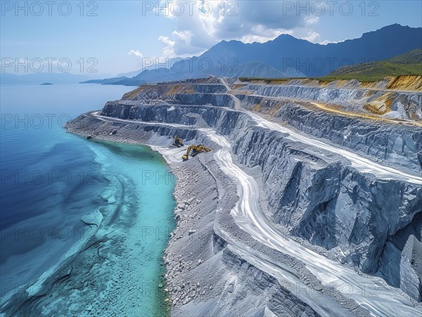 Lithium mining in a white salt lake in South America, AI generated