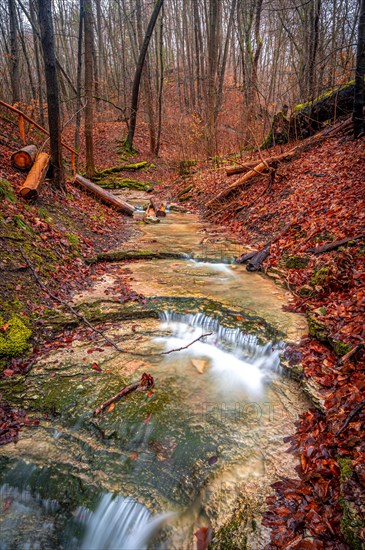 Waterfall in the Rautal forest in Jena in winter, Jena, Thuringia, Germany, Europe