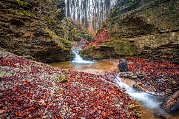 Waterfall in the Rautal forest in Jena in winter, Jena, Thuringia, Germany, Europe