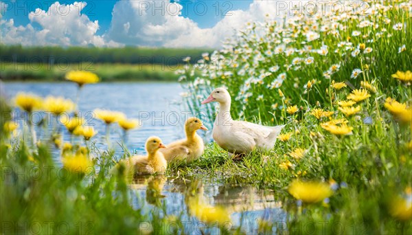 KI generated, animal, animals, bird, birds, biotope, habitat, one, single animal, foraging, wildlife, duck, ducks, domestic duck, female, (Anas platyrhynchos) white, white, yellow ducklings, young animals, animal children, two, three, four, white duck mother with yellow chicks, excursion, water, meadow, grass, spring, summer, flowers, pond, swimming, sitting, farm animal, domestic animal