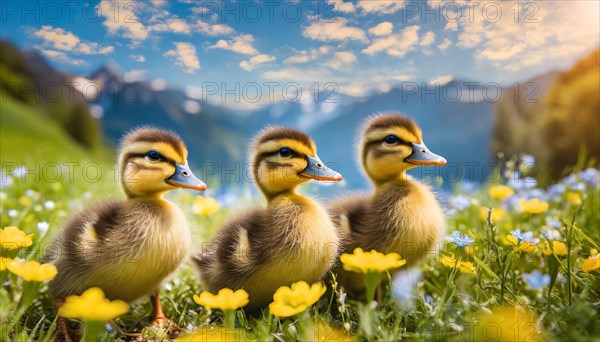 KI generated, animal, animals, bird, birds, biotope, habitat, one, individual, mallards (Anas platyrhynchos) white, white, yellow ducklings, young, animal children, two, three, four, white duck mother with yellow chicks, excursion, water, meadow, grass, spring, summer, flowers, pond, swimming, sitting, farm animal, pet