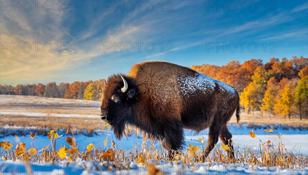 AI generated, animal, animals, mammal, mammals, biotope, habitat, one, individual, foraging, wildlife, bison, North America, Buffalo, wild cattle, (Bison bonasus), autumn, autumn leaves, early winter, snow