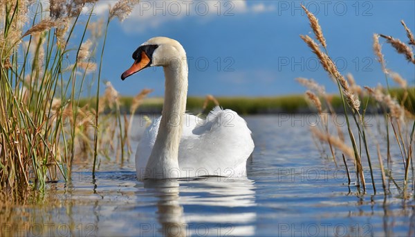 Ai generated, animal, animals, bird, birds, biotope, habitat, one, individual, swims, waters, reeds, water lilies, blue sky, foraging, wildlife, white, white swan, swans, mute swan (Cygnus olor), summer, seasons, sideways