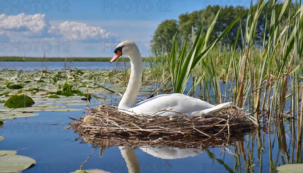 Ai generated, animal, animals, bird, birds, biotope, habitat, a, individual, water, reed, water lilies, blue sky, foraging, wildlife, white, white swan, swans, mute swan (Cygnus olor), summer, seasons, sideways